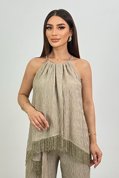 FEVER Boyundan bağlamalı püskül detaylı asimetrik bluz