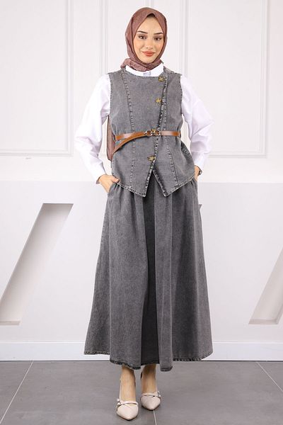 İmajButik Smoked Waist Belt Vest Skirt Denim Suit