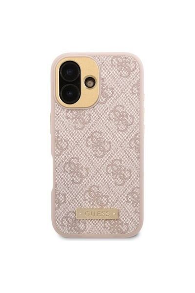 Guess Case for iPhone 16 - Guess Hardcase 4G Logo Plate MagSafe (GUHMP16SU4GPRP) - Pink