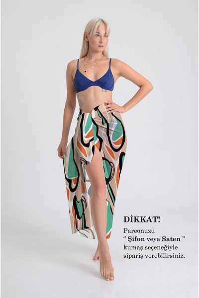 DESENİX Retro Geometril Patterned Pareo - 100X145 cm - Silky Chiffon & Luxury Satin Fabric Option- Beach Dress