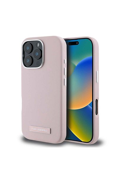 Karl Lagerfeld Husă pentru iPhone 16 Pro - Karl Lagerfeld din piele MagSafe (KLHMP16LPGMSRPP) - Placă metalică roz FW