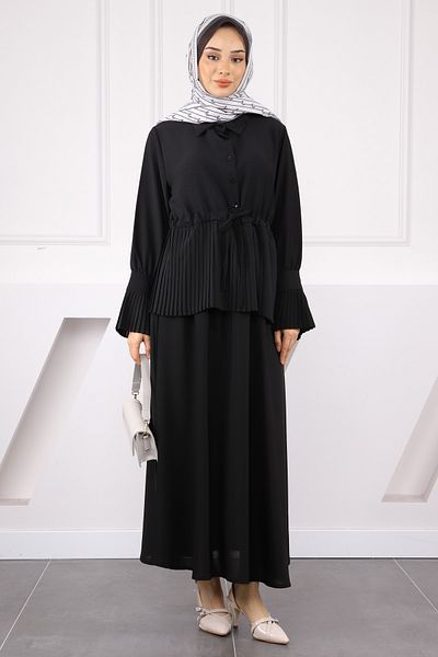 İmajButik Μαύρο Πλισέ Πουκάμισο Κρεπ Σετ με Φούστα