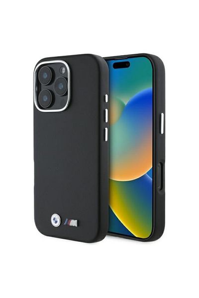 BMW Case for iPhone 16 Pro Max - BMW Leather M Smooth Full Wrapped Metal (BMHCP16X23PMWK) - Black