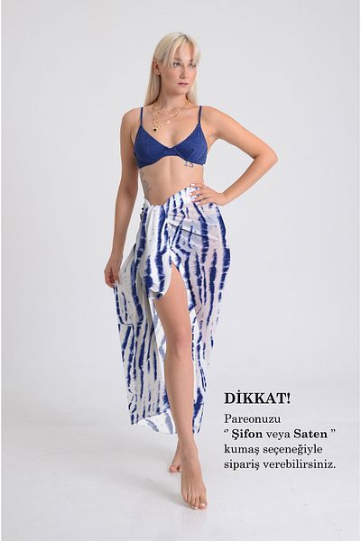 DESENİX Blue Tie Dye Patterned Pareo - 100X145 cm - Silky Chiffon & Luxury Satin Fabric Option - Beach Dress