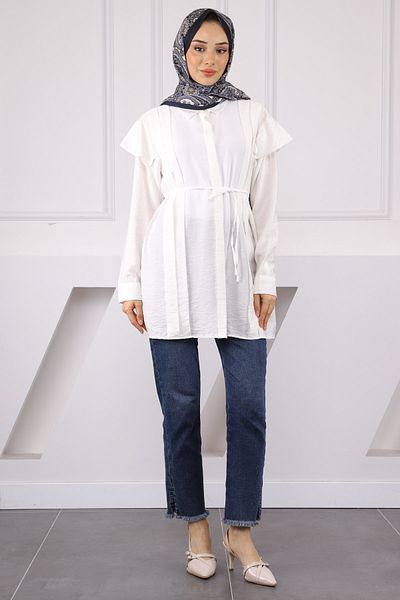 İmajButik White Shoulder Detailed Waist Tie Tunic