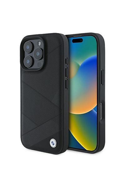 BMW Case for iPhone 16 Pro - BMW Natural Sign Leather Crossing Lines Pattern (BMHCP16L23RCGPK) - Black