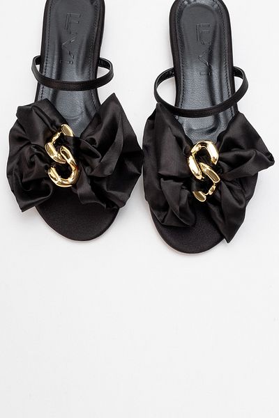 LuviShoes Rouge Black Satin Buckle Bow Women's Slippers