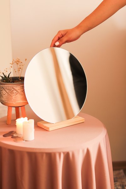 EVCAZIM Yuvarlak Estetik Asimetrik Ahşap Makyaj Aynası Çerçevesiz, Dekoratif Masa Oturma Odası 30 Cm