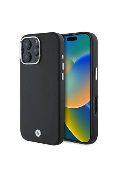 BMW Case for iPhone 16 Pro - BMW Leather Sign Full Wrapped Metal MagSafe (BMHMP16L23PUFWK) - Black