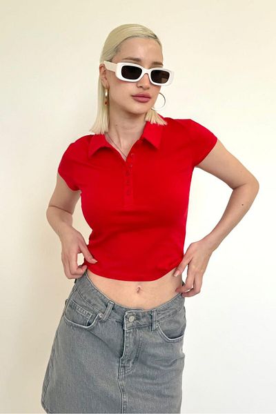 Madmext Red Polo Neck Basic Women's T-Shirt Mg2455
