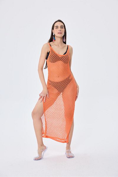 Peraluna Angel, Openwork, Women's Long Knitwear Beach Dress - Orange