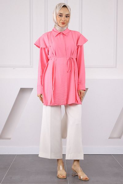 İmajButik Pink Shoulder Detailed Waist Tie Tunic