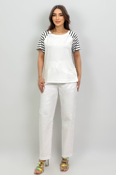 FEVER Kolları kontrast çizgi detaylı örme bluz