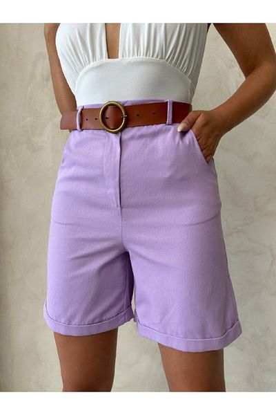 Bleu Petite - Pantaloni scurți de damă din Gabardină cu centură înaltă