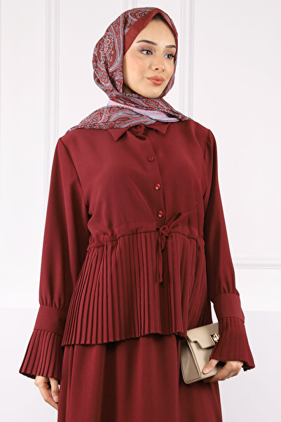 İmajButik Claret Red Pleated Crepe Suit with Shirt Skirt