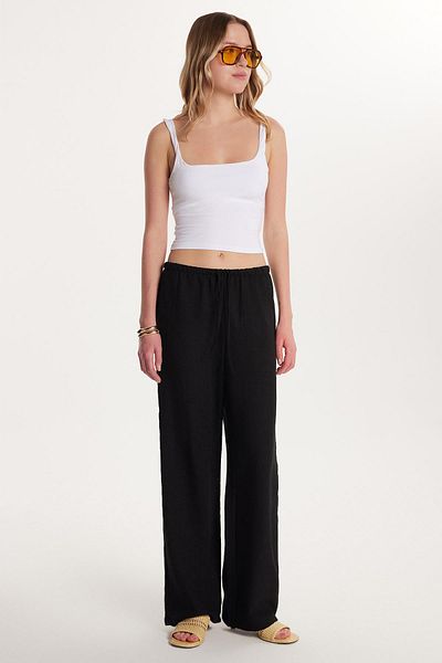 Tudors Women's Relax Fit Elastic Waist Tie Palazzo Wide Leg Black Trousers