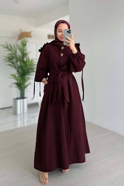 Ka Hijab Burgundy Long Belted Wrap Dress