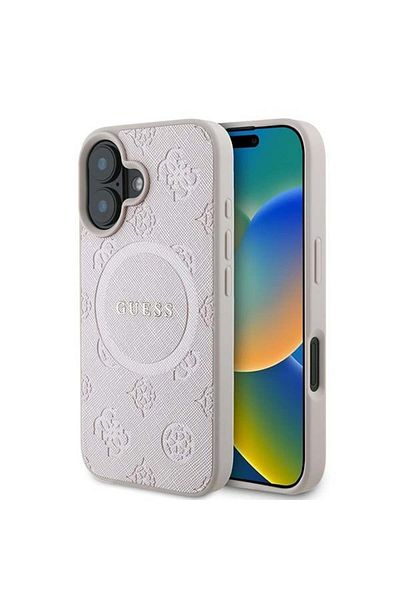 Guess Case for iPhone 16 Plus - Guess Saffiano Peony Classic Logo MagSafe (GUHMP16MPSAPSMEP) - Pink