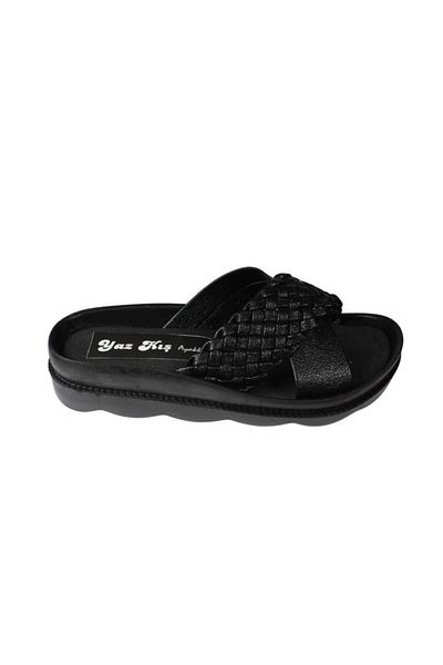 Yaz Kış Ayakkabı Yazkiş Women's Black Skin Cross Knit Flat Sole Slippers