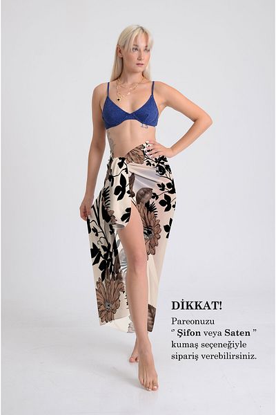 DESENİX Retro Flowers Print Pareo - 100X145 cm - Silky Chiffon & Luxury Satin Fabric Option - Beach Dress