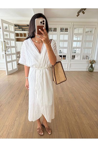 EGZOTİK ASORTİK Double Breasted Collar Mesh Belted Front Slit Lace Detailed Dress