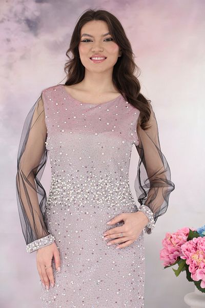cupper Long pink lurex dress with rhinestones and pearls