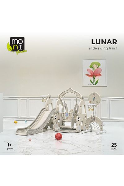 Moni Centru de Joacă 6 în 1 cu Tobogan, Leagăn, Baschet și Fotbal Moni Garden Lunar,Pentru Copii 12 Luni+