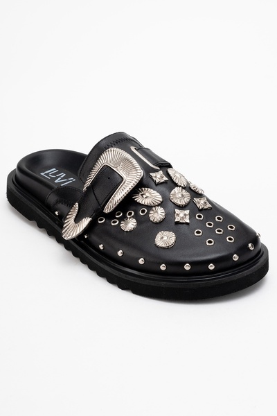 LuviShoes Γυναικείες παντόφλες MARİL Μαύρες Γνήσιες Δερμάτινες Πόρπες με Κλειστή Μύτη