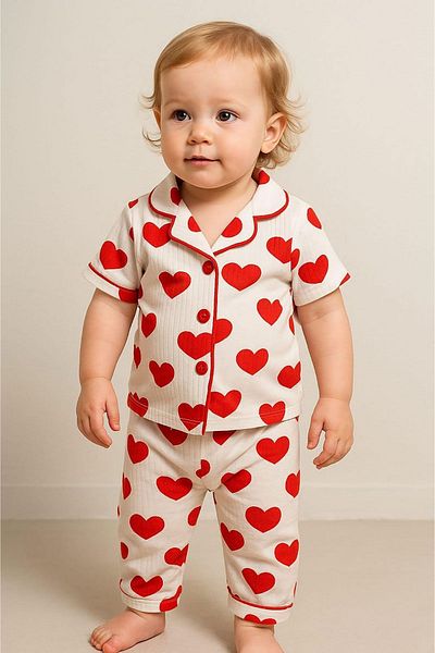 SANTRALBEBE Big Heart Patterned Front Buttoned Cotton Summer Girl's Pajama Set