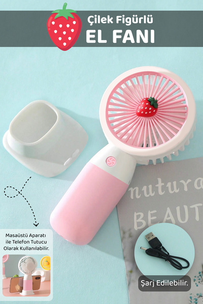 Meleni Home Çilek Figürlü Şarjlı El Fanı - Standlı Taşınabilir Şarj Edilebilir Soğutucu Mini Masa Fanı Pembe