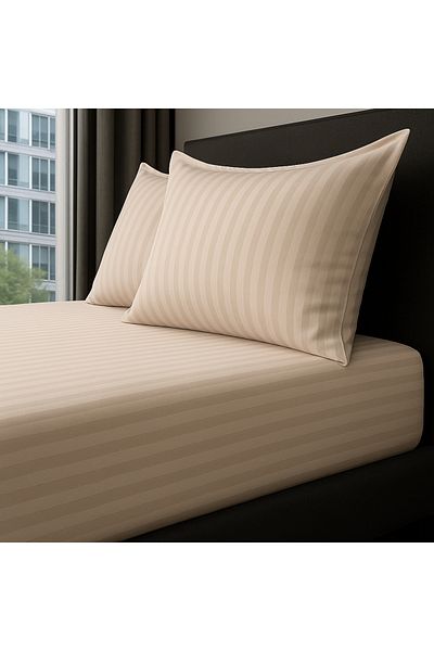 MamCrazy Satin Stripe 100% Cotton Satin Double Striped Fitted Sheet Set with Pillow 160X200+30