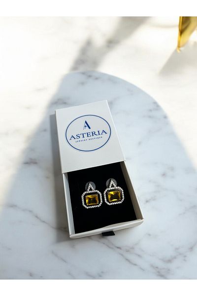 Asteria Jewelry Black Detailed Yellow Stone Earrings - Butter Yellow Earrings