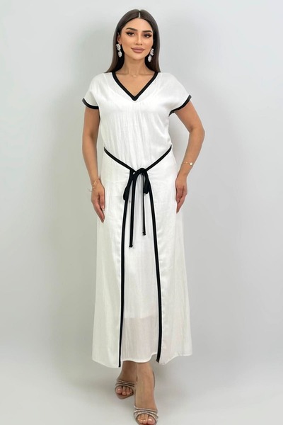 FEVER V yakalı bağlamalı mix elbise