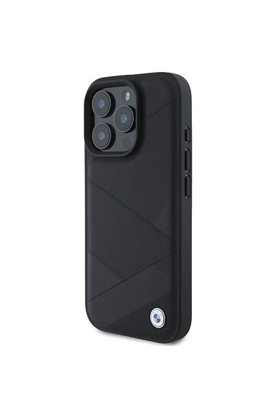 BMW Case for iPhone 16 Pro - BMW Natural Sign Leather Crossing Lines Pattern (BMHCP16L23RCGPK) - Black