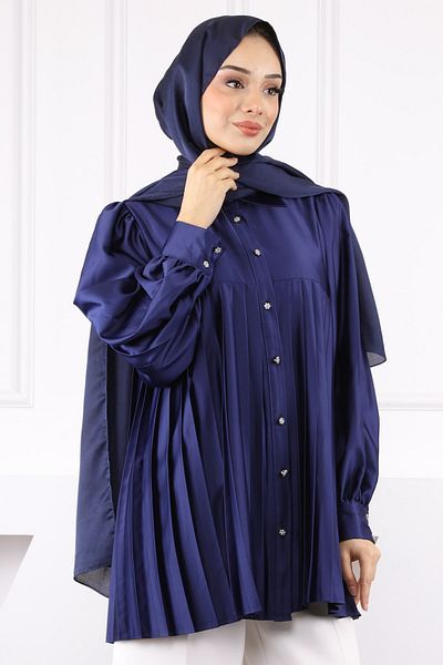 İmajButik Navy Blue Skirt Pleated Satin Tunic