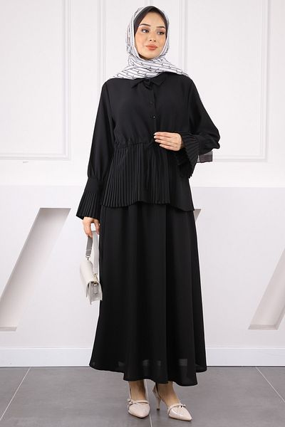 İmajButik Μαύρο Πλισέ Πουκάμισο Κρεπ Σετ με Φούστα