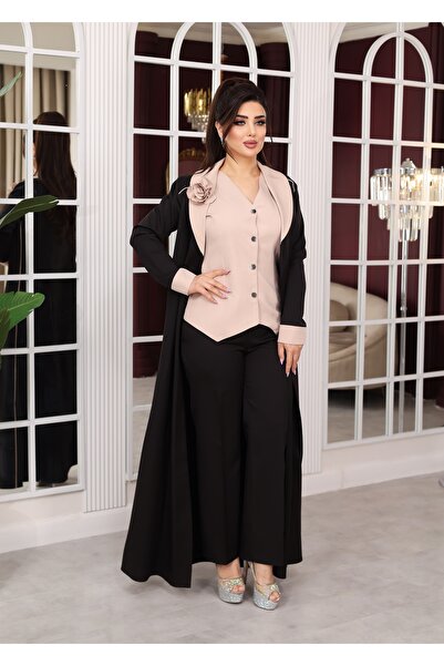 NHMODA Crepe Fabric, Double-Breasted Collar, Belted, Lined 3-Piece Hijab Set