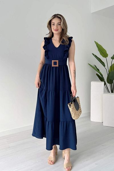 Aventien Rochie lungă bleumarin cu mâneci cu volane și detaliu curea