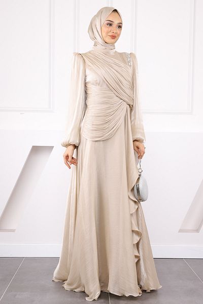 İmajButik Βραδινό φόρεμα σιφόν με ντραπέ από πέτρα