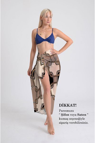 DESENİX Geometric Pattern Pareo - 100X145 cm - Silky Chiffon & Luxury Satin Fabric Option - Beach Dress