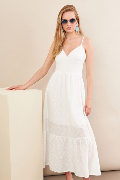 Cool & Sexy Rochie midi festonată ecru pentru femei cu bretele reglabile İRE100