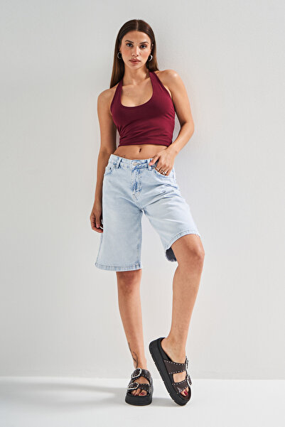 its basic Kadın Snow Kot Rengi 4s5-100 %100 Koton Midi Baggy Fit Denim Bermuda Şort