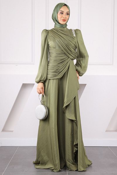 İmajButik Βραδινό φόρεμα από σιφόν με ντραπέ από πέτρα χακί