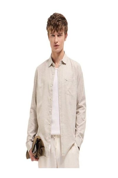 The Bear House Men's Beige with White Vertical Stripe Slim Fit Casual Shirt for Every Occasion