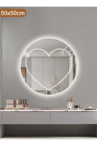 Taimi Heart Shaped Round Mirror with 3 Colors LED Light Wall Mounted Mirror for Bathroom Bedroom 50cm