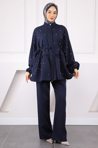 İmajButik Navy Blue Bat Sleeve Dumbbell Tunic Pants Suit