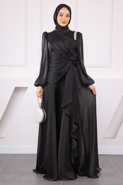 İmajButik Βραδινό φόρεμα σιφόν με ντραπέ μαύρη πέτρα