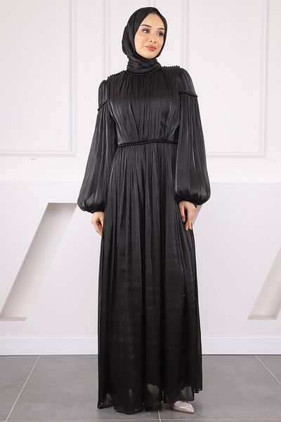 İmajButik Βραδινό φόρεμα σιφόν με μαύρο μανίκι με πλισέ