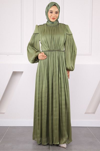 İmajButik Βραδινό φόρεμα από σιφόν με μανίκια χακί