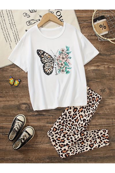 MORNİNG KİDS Girl's Believe in Yourself Butterfly Printed White T-Shirt-Leopard Flared Leggings Set